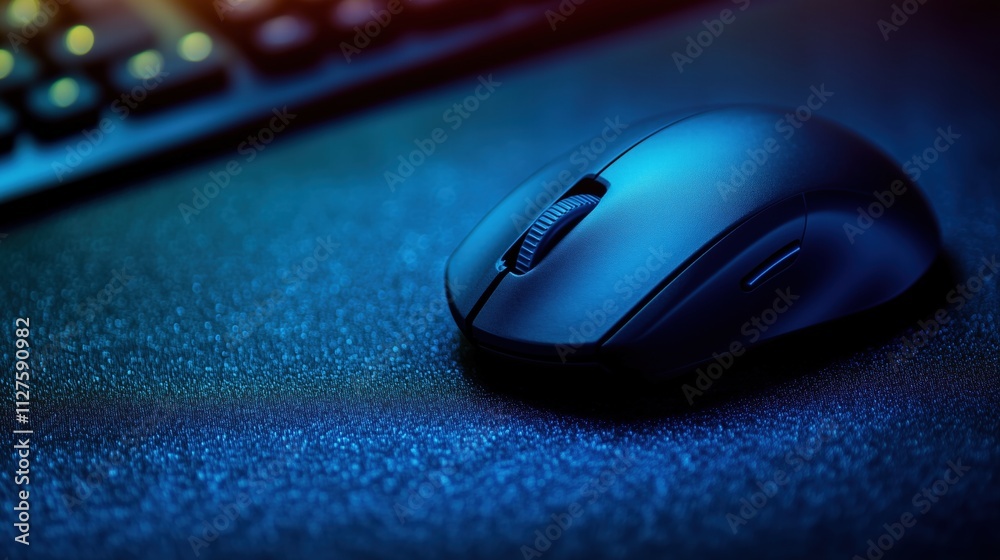 Close-up of a sleek wireless mouse on a textured desk with blue light. modern tech equipment Close-up of a sleek wireless mouse on a textured desk with blue light. modern tech equipment