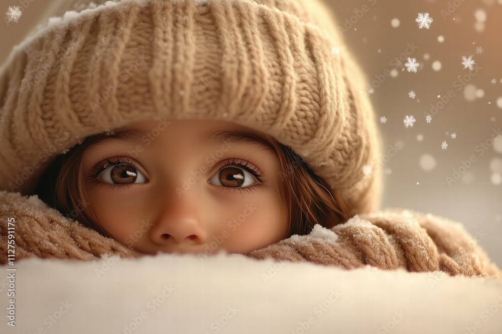 Close-up of a child wearing a beige knit hat and scarf with falling snowflakes. winter coziness Close-up of a child wearing a beige knit hat and scarf with falling snowflakes. winter coziness