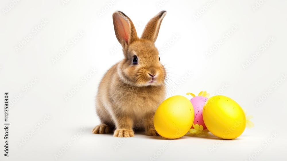 Studio shot of a cute bunny with Easter eggs on a white background Studio shot of a cute bunny with Easter eggs on a white background