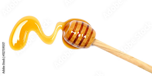 Quadro su tela Honey and wooden dipper isolated on white background, top view