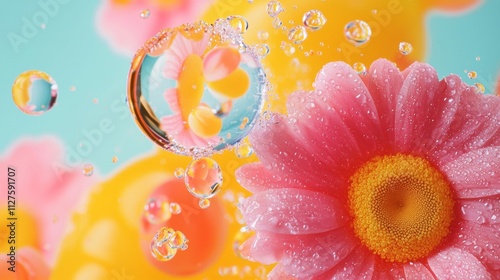 Pink daisy with water droplets and vibrant abstract background photo