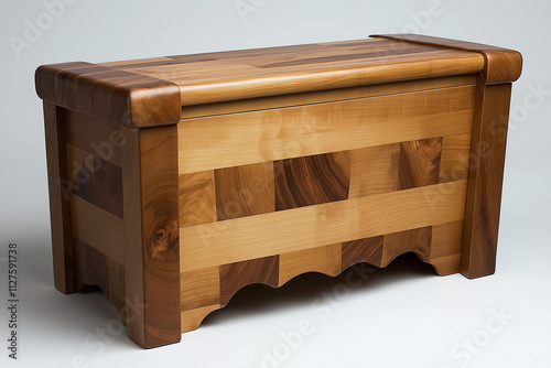 Photo studio d'un coffre à jouets en bois avec finition lisse et design sécurisé pour enfants, sur fond blanc