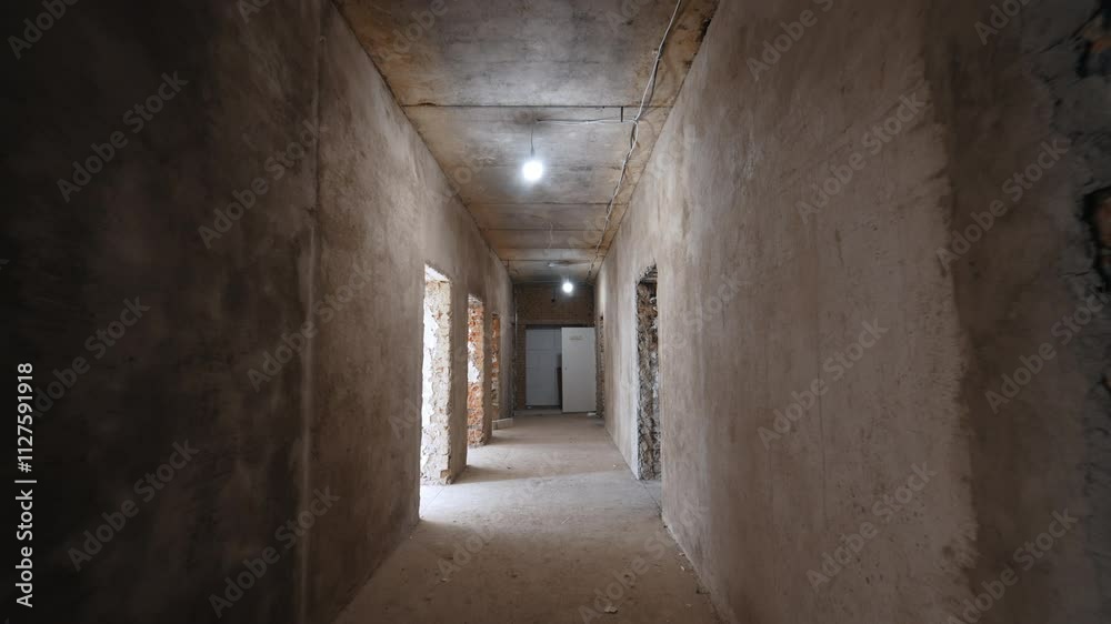 Long corridor with grey unfinished walls lit with light bulbs. Interior of the building under construction. Long corridor with grey unfinished walls lit with light bulbs. Interior of the building under construction.