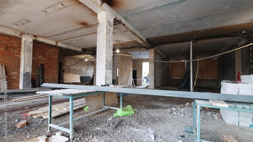 Inside the spacious room with scaffolding, building materials and debris on the floor. Some men work inside the premise.