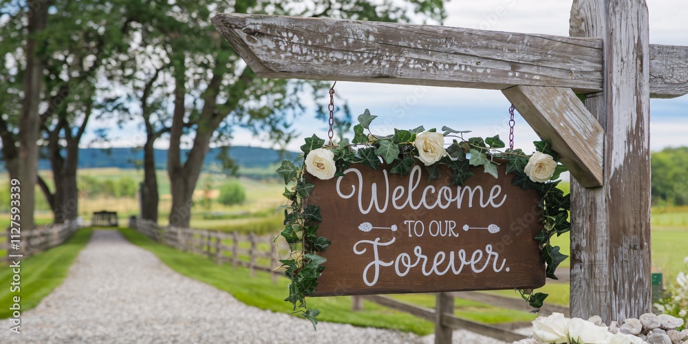 Obraz premium A beautiful wooden welcome sign for a wedding ceremony or reception, adorned with white roses and lush green ivy, elegantly displaying 