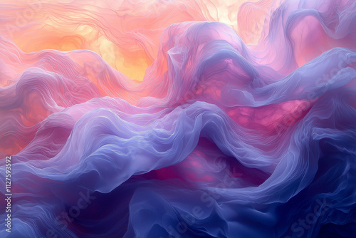 undulating waves of pink and blue in an abstract pastel seascape, capturing the gentle flow of a tranquil dawn