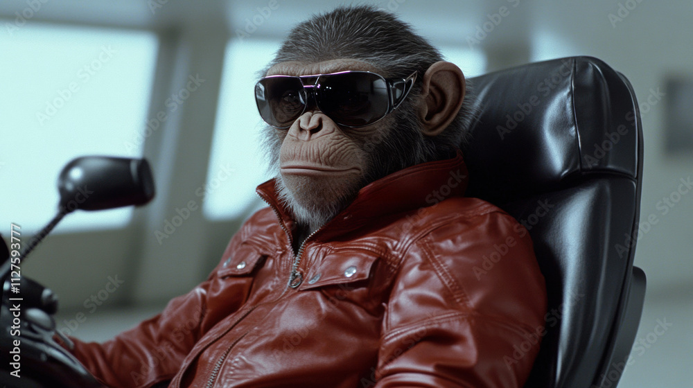 A chimpanzee in a red leather jacket and sunglasses sits confidently on a motorcycle, AI A chimpanzee in a red leather jacket and sunglasses sits confidently on a motorcycle, AI