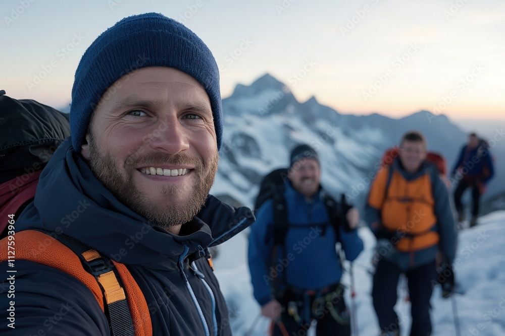 Happy mountaineers pose for a selfie at dawn, highlighting their successful ascent on snowy peaks while capturing the exhilarating moment against a stunning mountain backdrop. Happy mountaineers pose for a selfie at dawn, highlighting their successful ascent on snowy peaks while capturing the exhilarating moment against a stunning mountain backdrop.