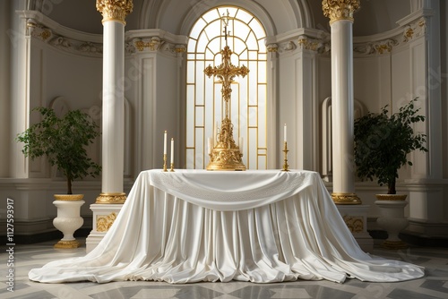 isolated in white background, center aligned Altar cloths drape the lectern, photo