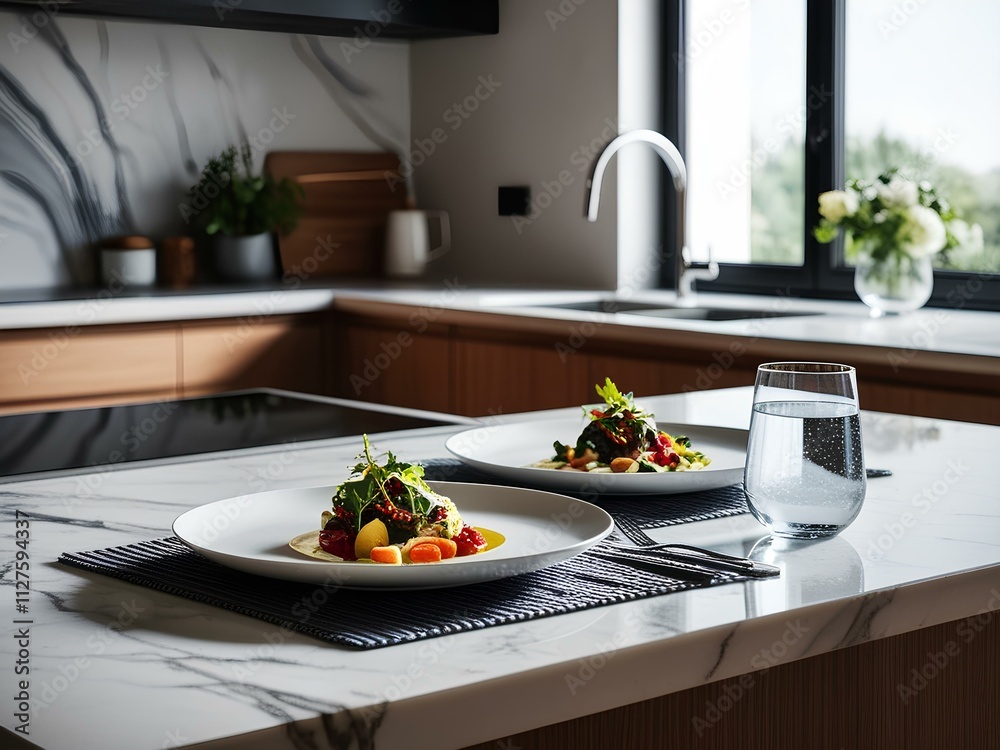 A Kitchen Counter With a Dishe and a Glass of Water A Kitchen Counter With a Dishe and a Glass of Water