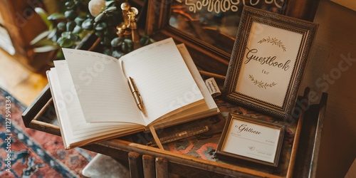 A stylish wedding guestbook displayed on a wooden stand, ready for guests to sign. A framed sign above reads 