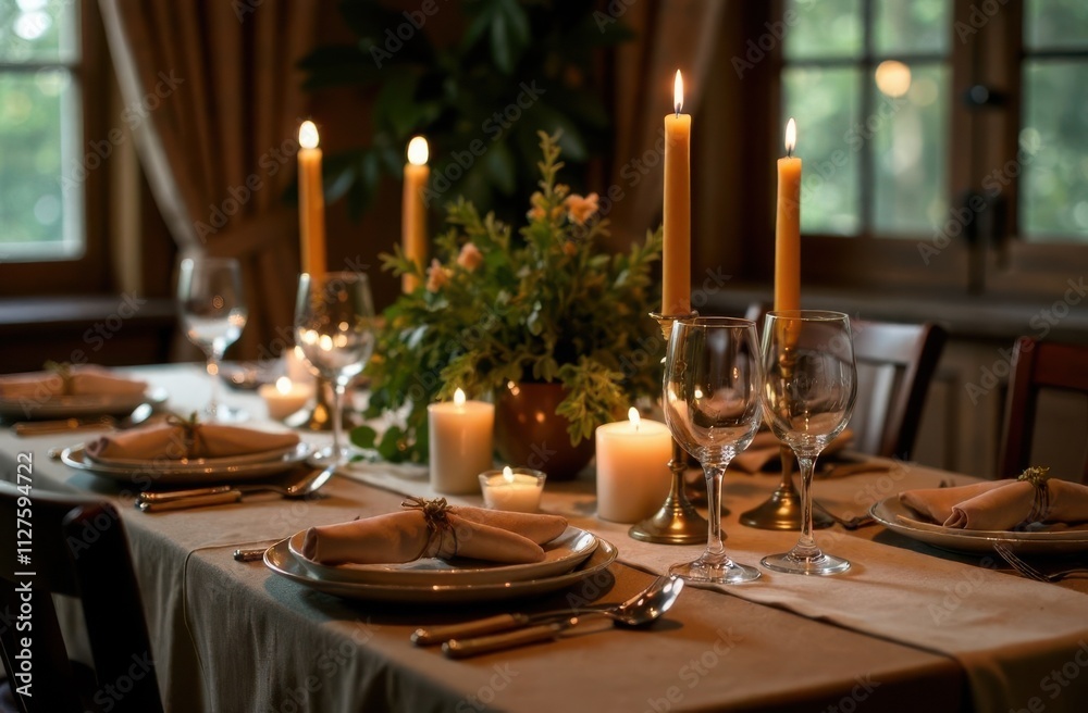 Dining table set for an intimate gathering, with warm-toned tableware, candles, cloth napkins, and a centerpiece of fresh greenery.
Dining table set for an intimate gathering, with warm-toned tableware, candles, cloth napkins, and a centerpiece of fresh greenery.