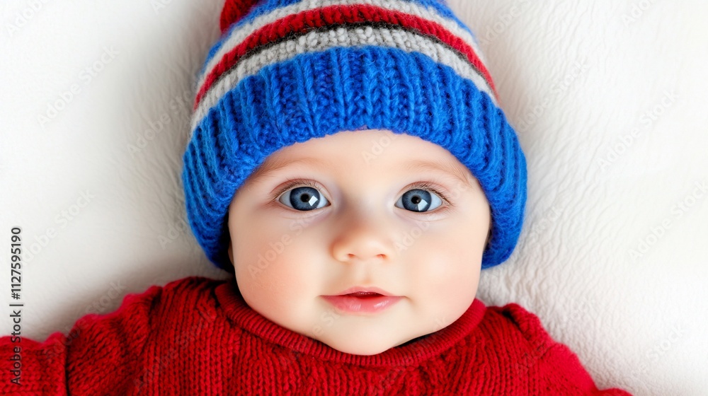 Adorable baby boy with big blue eyes wearing a red sweater and striped hat. Adorable baby boy with big blue eyes wearing a red sweater and striped hat.