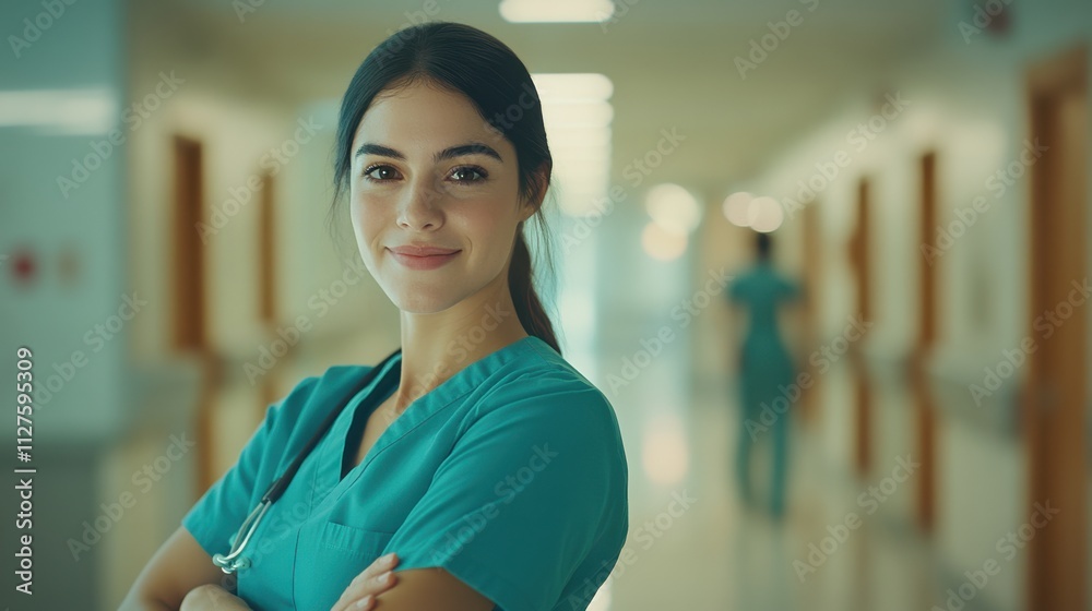 Fototapeta premium A close-up portrait of a confident female doctor wearing teal scrubs, standing in a brightly lit hospital corridor, with a gentle smile and crossed arms