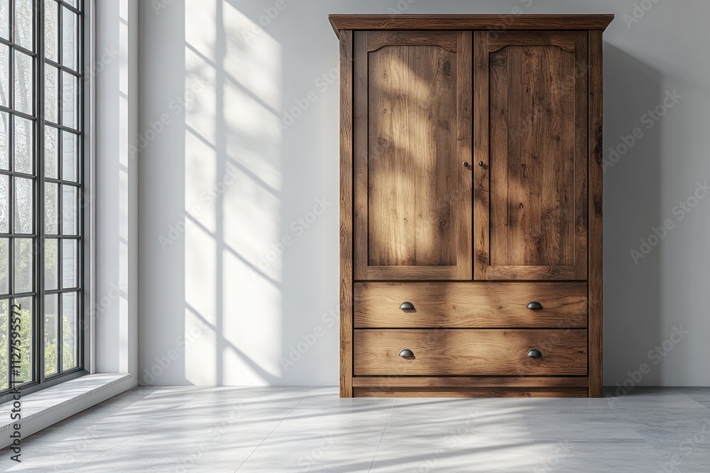 Obraz premium Wooden armoire with two drawers in a sunlit room.