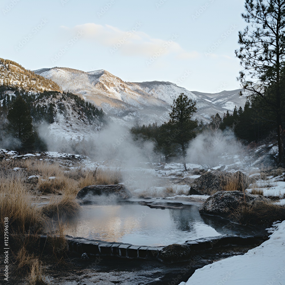 Geothermal hot springs in a snowy mountain valley Geothermal hot springs in a snowy mountain valley