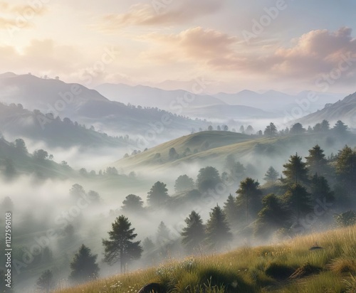 Misty morning watercolor landscape with fog rolling in over the hills, fog, outdoor scene, weather effects