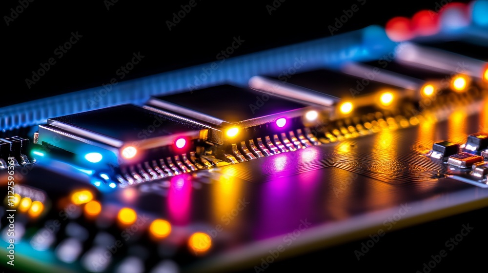 Close-up of a vibrant circuit board with illuminated microchips, showcasing details and colorful lights. Close-up of a vibrant circuit board with illuminated microchips, showcasing details and colorful lights.