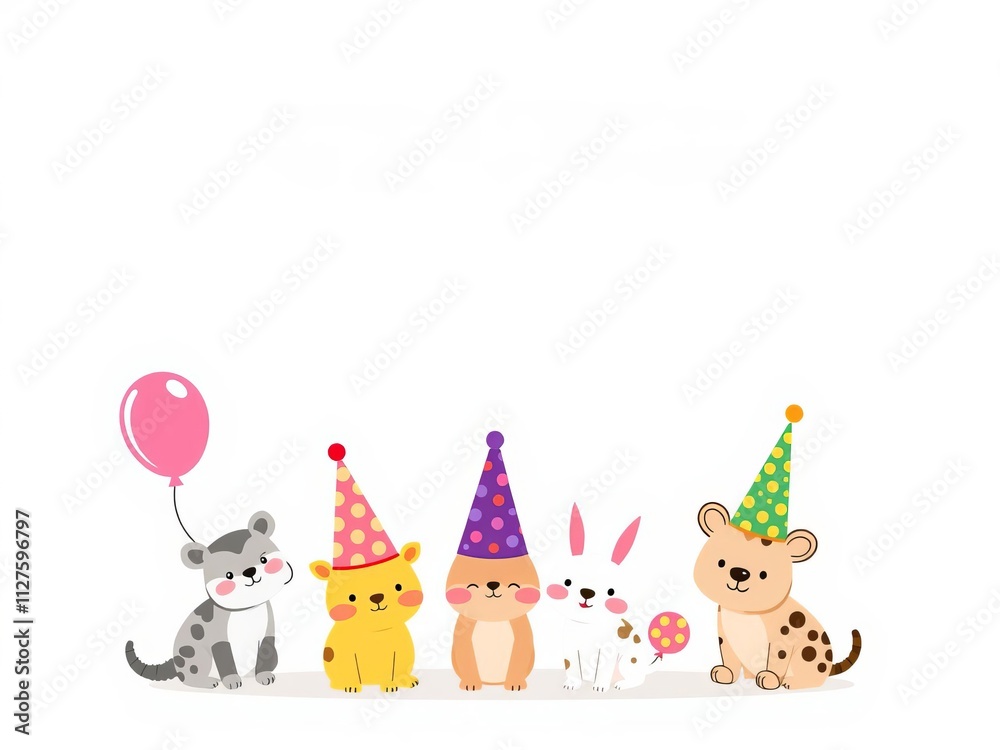 Fototapeta premium A set of adorable cartoon animals in party hats and balloons for birthday card design, celebration, hats