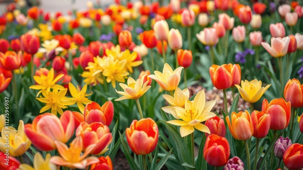 A beautiful display of Narcisses and Tulipes in a vibrant garden setting, outdoor, flora A beautiful display of Narcisses and Tulipes in a vibrant garden setting, outdoor, flora