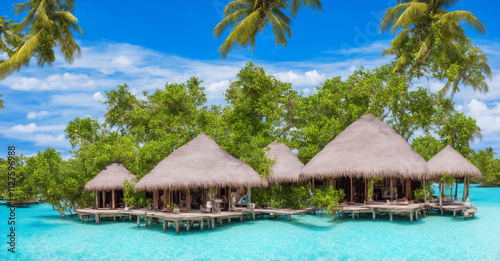 Generated image: Landscape view of a tropical paradise in the Maldives, featuring crystal-clear turquoise waters, straw huts, and swaying palm trees—an idyllic destination for tourism