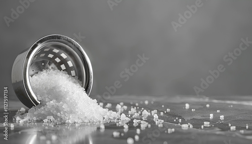 Overturned shaker with salt on grey table, closeup