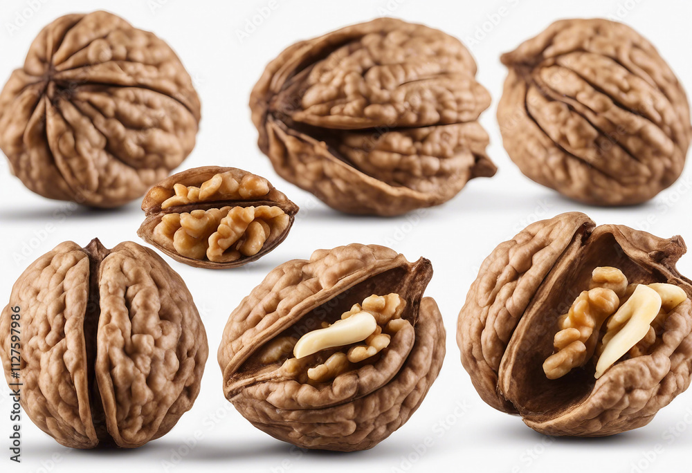 Collection of walnuts isolated on white or transparent background