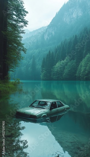 A car submerged in a lake  captivating landscape highlighting nature s dramatic accidents photo