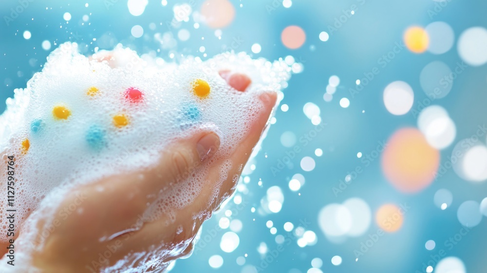 Fototapeta premium Gentle hand cleanliness and hygiene with colorful soap bubbles in soft focus