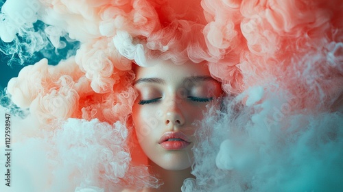 Surreal portrait of a woman surrounded by colorful smoke