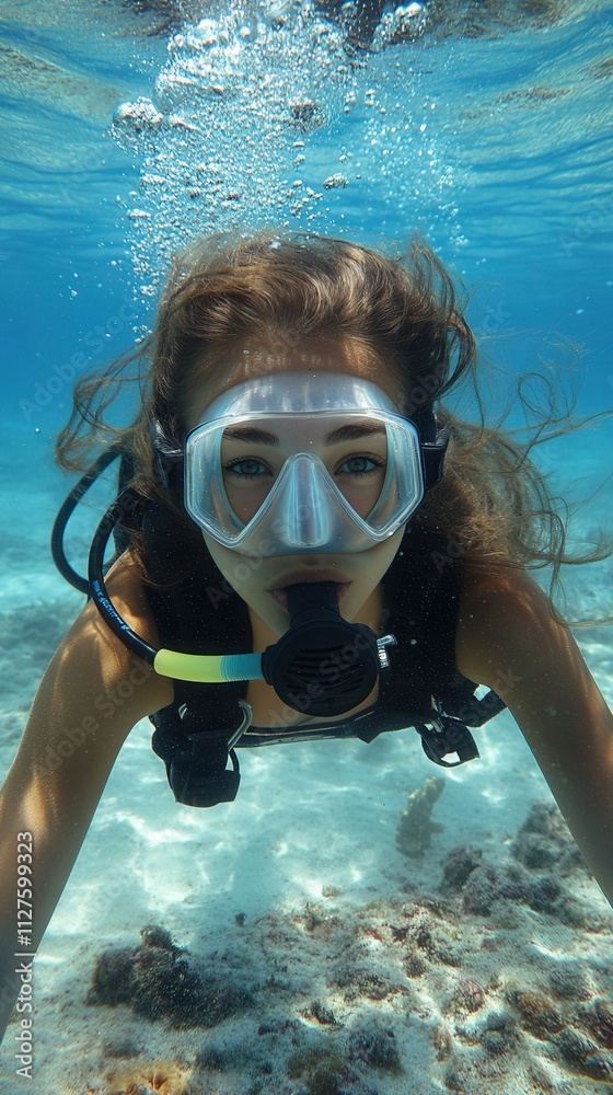 Naklejka premium A portrait of a girl underwater and air bubbles, capturing the beauty and weightlessness of the underwater world