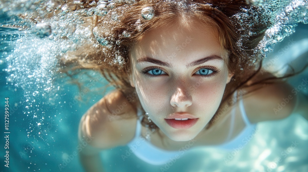 A portrait of a girl underwater and air bubbles, capturing the beauty and weightlessness of the underwater world