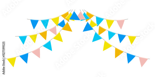 Garland with triangle flags. Decorative bunting background for party, holiday carnival, birthday celebration, festival decoration. Hanging flags. Vector illustration