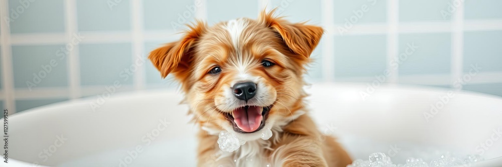 Adorable puppy with wet fur enjoying bath surrounded bubbles playful pet lovers, adorable, soap Adorable puppy with wet fur enjoying bath surrounded bubbles playful pet lovers, adorable, soap