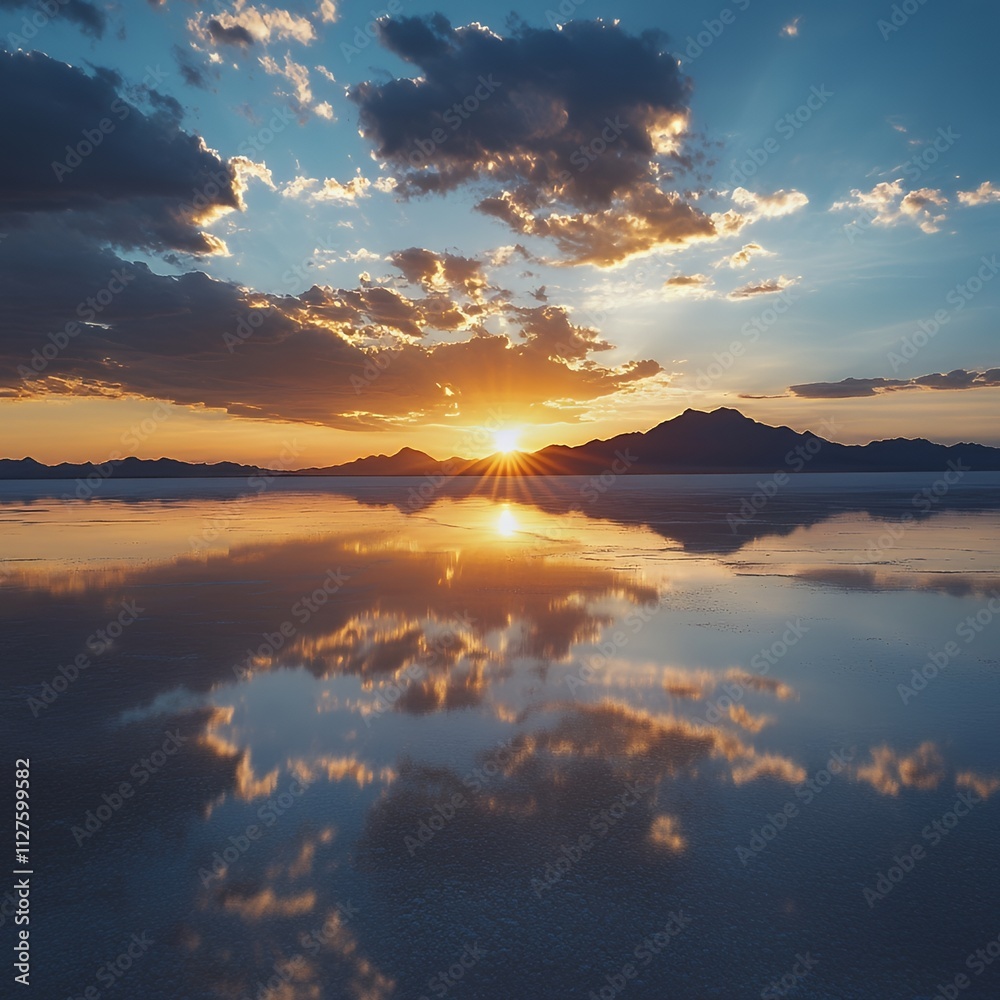 Naklejka premium Salt flats reflecting dramatic sunset hues