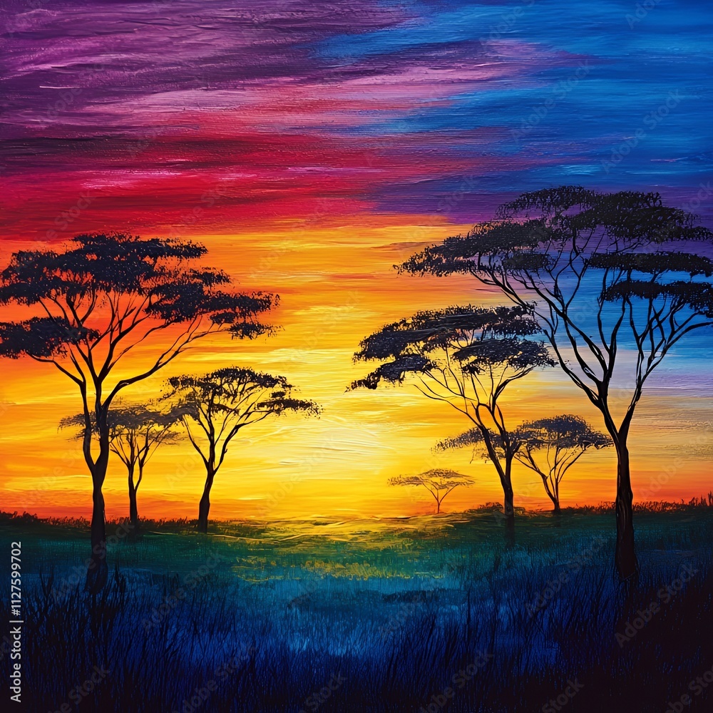 Sunset over the savanna with acacia trees in a serene sky Sunset over the savanna with acacia trees in a serene sky