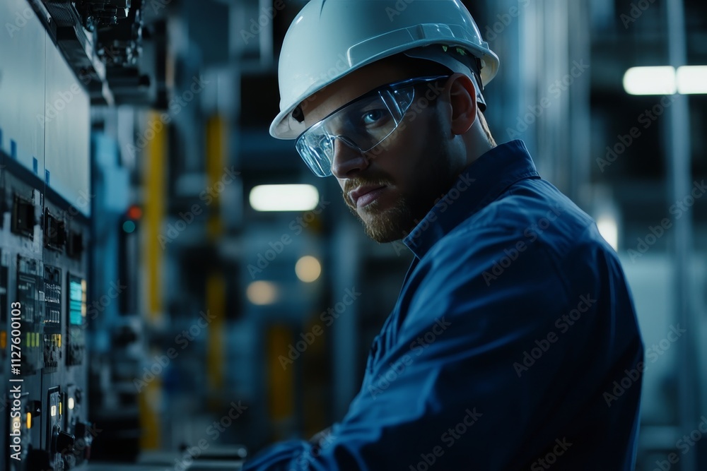 Professional industrial engineer monitoring machine operations in heavy manufacturing facility