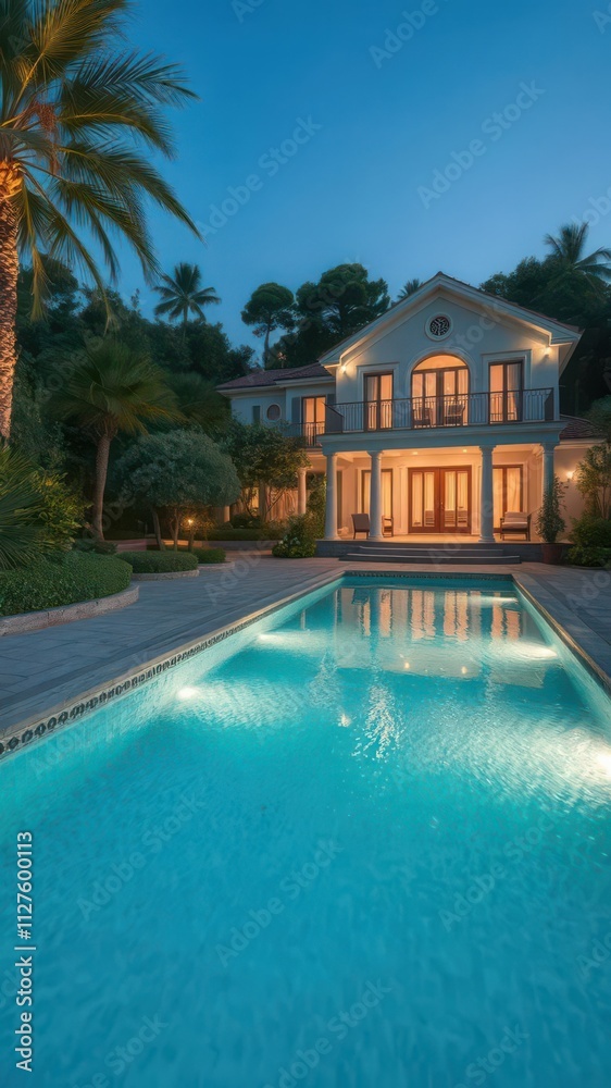 Fototapeta premium A luxurious villa with a sparkling pool surrounded by lush landscaping in the evening, luxury, relaxation