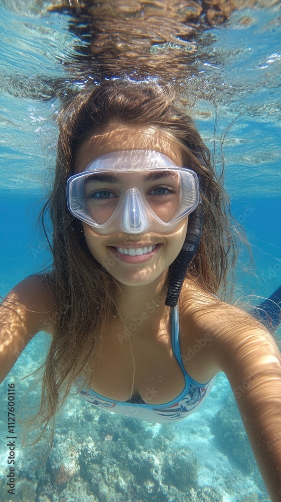 Fototapeta premium A portrait of a girl underwater and air bubbles, capturing the beauty and weightlessness of the underwater world