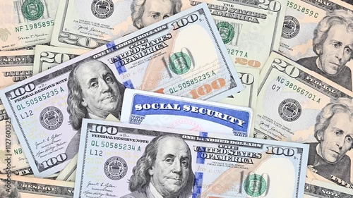 Social Security card with 20 and 100 dollar bills. SS number is a nine digit number issued to U.S. Citizens and is required to legally be employed in the United States
