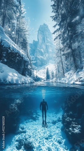 Freediver exploring underwater serenity beneath a snowy forest landscape with towering mountain cliffs and clear blue water