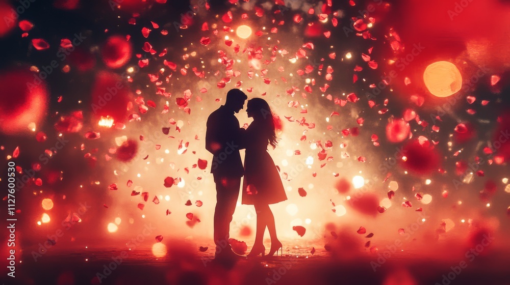 Silhouette of a couple embracing amidst falling rose petals and bokeh lights. Silhouette of a couple embracing amidst falling rose petals and bokeh lights.