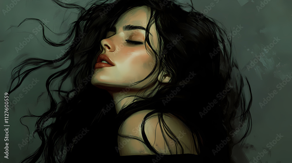 A woman with long, dark hair, her eyes closed, her head tilted back as if in a state of reverie or trance. Reverie. Illustration A woman with long, dark hair, her eyes closed, her head tilted back as if in a state of reverie or trance. Reverie. Illustration