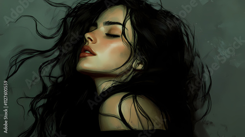 A woman with long, dark hair, her eyes closed, her head tilted back as if in a state of reverie or trance. Reverie. Illustration