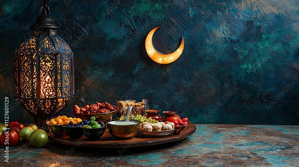 Iftar meal with lantern and crescent moon. Iftar meal with lantern and crescent moon.