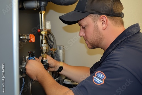 Close up of a male plumber repairing a kitchen sink with focused precision and skill