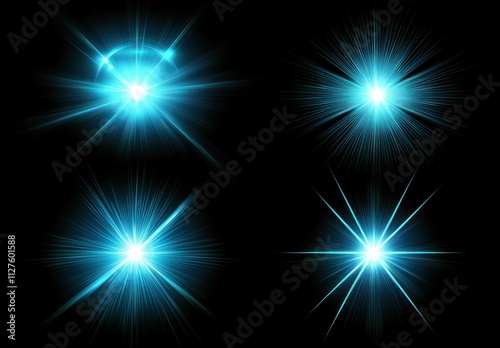 Wallpaper Mural 4 glowing light effect stars with lens flare vector set on a black background. Blue glow stars, bright sun rays, or laser beams illustration design elements for graphic and web design. Torontodigital.ca