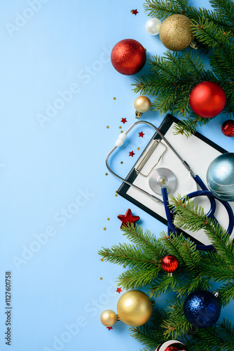 Christmas medical concept with stethoscope, clipboard, and festive decorations on a blue background. Ideal for healthcare holiday promotions and seasonal medical content