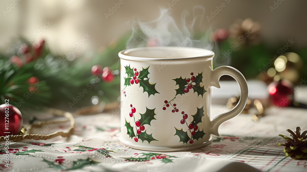 Beautifully decorated mug of hot cocoa, steaming and cozy with holly leaves and berries patterned around the rim and handle, set on an elegant Christmas tablecloth adorned with small red ornaments Beautifully decorated mug of hot cocoa, steaming and cozy with holly leaves and berries patterned around the rim and handle, set on an elegant Christmas tablecloth adorned with small red ornaments