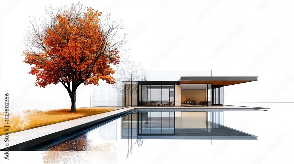 Fototapeta premium Luxurious exterior design patio, amber and sage green and swimming pool. open space, partial sketch design blueprint